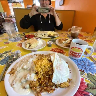 Chorizo, eggs over easy, hashbrowns with sausage gravy.