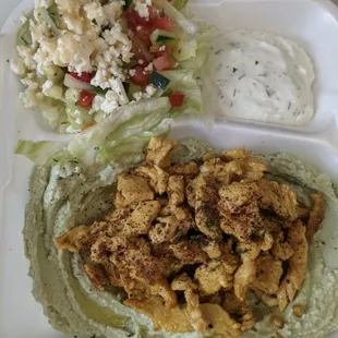 Chicken shawarma plate with jalapeno cilantro hummus