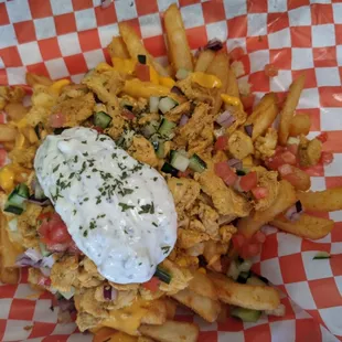 Fully loaded Greek fries with Chicken Shawarma