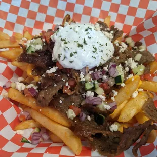 Fully loaded Greek fries with Gyro meat