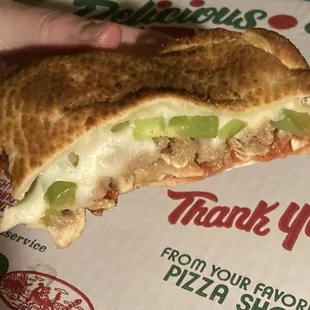 Cheese Calzone add ground beef, green pepper, and mushroom. Very nice on a cold day.