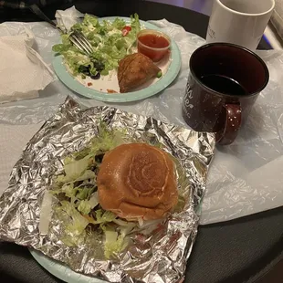 My burger, Mr R&apos;s surviving samosa + about 1/3 of his garden salad that evening. Two very satisfied customers 24DEC24