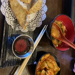 Fried Gyoza, Miso Soup and Korean pickled vegetable.  So tasty!