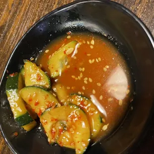 Kimchi (spicy pickled cucumber) appetizer - on the house!