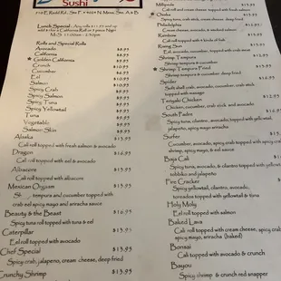 Sushi menu