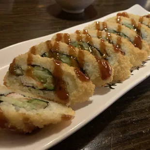Golden California Roll! Hard to eat because of how it was cut.
