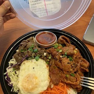 Korean Bibimbap with very tasty beef bulgogi and spicy pork bulgogi