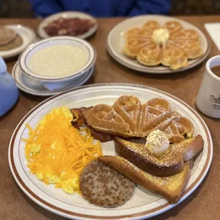 Grits, corn beef hash and Belgian waffles