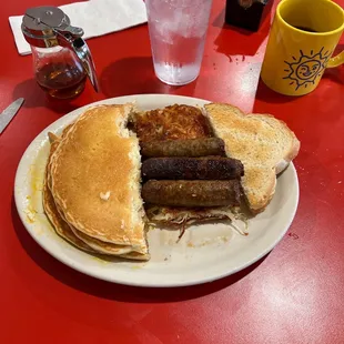 Sausage, pancakes, hash browns, eggs, toast! The ULTIMATE breakfast.
