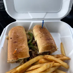 Philly cheese sandwich with fries. Price is a little heft for what it is but it is pretty damn good, 13 bucks