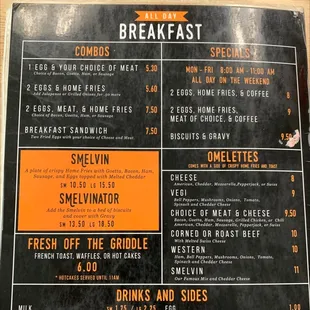 a menu for breakfast