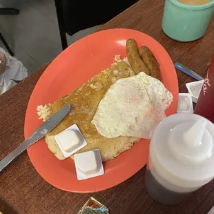 Kids pancake and sausage with an egg added