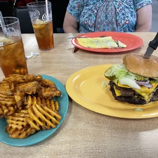 Big Larry with a side of waffle fries. Wife got a goetta omelet.