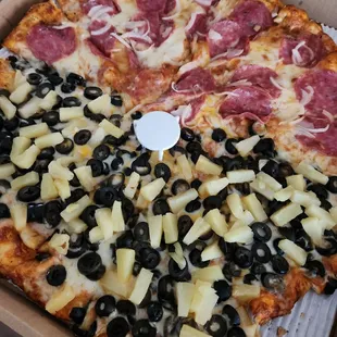 Half olive and pineapple/half salami and onion