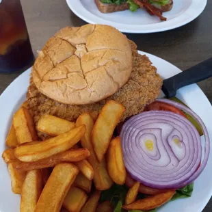 a burger and fries on a plate