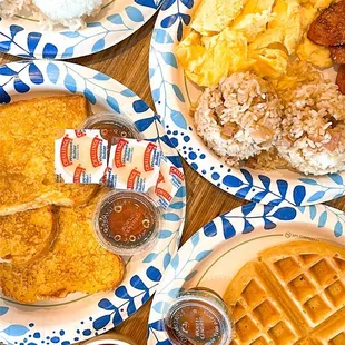 Waffle, French toast, Portuguese sausage, fried rice, egg, Jasmine rice