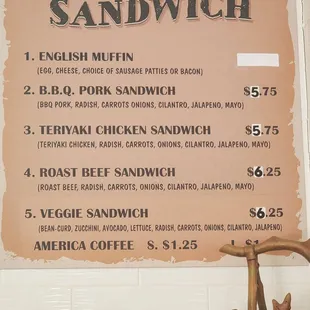 Sandwich menu with update pricing