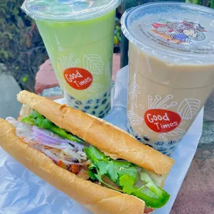 Bbq pork banh mi, honeydew milk tea, classic milk tea