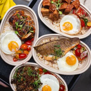 Filipino Rice Bowls. Silogs (garlic rice + egg) + choice of protein.