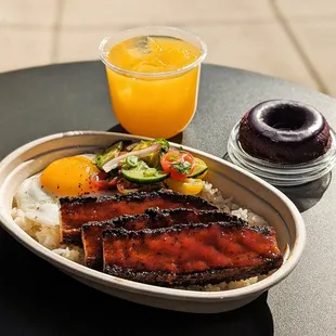BBQ Pork Belly Bowl + Ice Mango Green Tea + Ube Donut