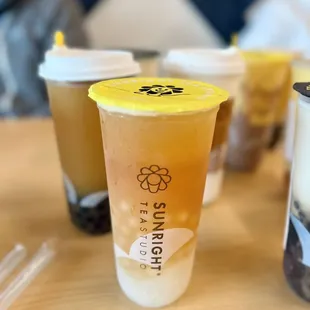 Peach jasmine tea with honey boba and lychee jelly