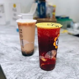 Sunright milk tea (sub lychee jelly for boba) + Genki sparkling grape jasmine, w/ Caramel pudding &amp; Jasmine tea jelly