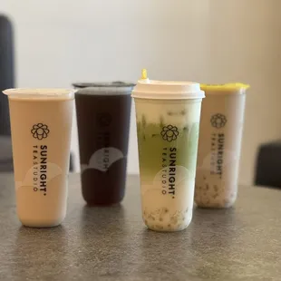 Roasted oolong Milk Tea, roasted oolong, matcha oat Latte w Cheese Foam &amp; Roasted oolong MT w Crystal boba 09.18.24
