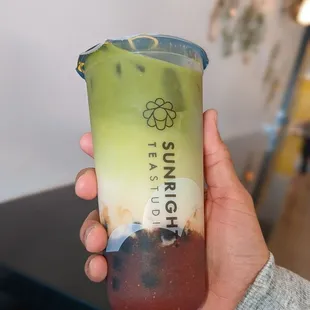Strawberry matcha latte with oat milk and boba. 5 out of 5