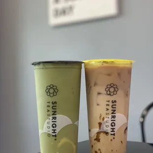 Matcha oolong with pudding. Signature milk tea