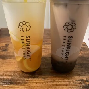 Sunright fruit tea (refreshing) and Sunright boba milk tea (addicting)