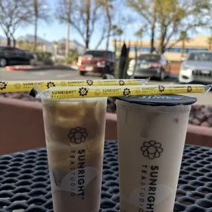 Taro Milk Tea (left) &amp; Hokkaido Milk Tea with Honey Boba (right)