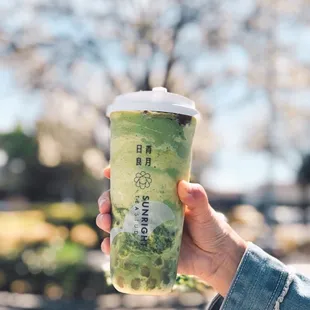 matcha red bean frostie with honey boba