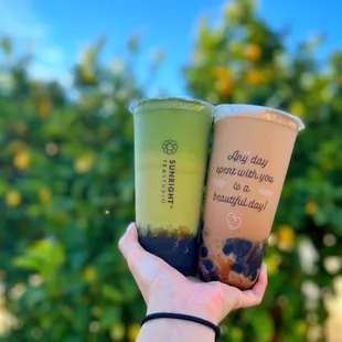Matcha oolong with boba &amp; sunright milk tea with boba