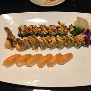 Salmon sushi, volcano roll, and jacky roll
