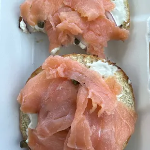 Bagel with smoked salmon, cream cheese, onions, and capers