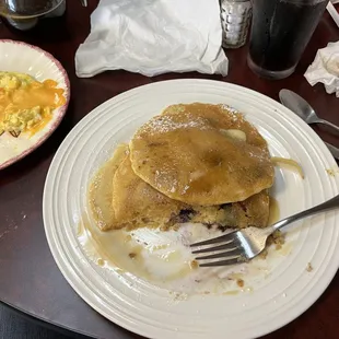 Mediocre buttermilk pancakes and scrambled eggs with nasty cheddar cheese slice(s).