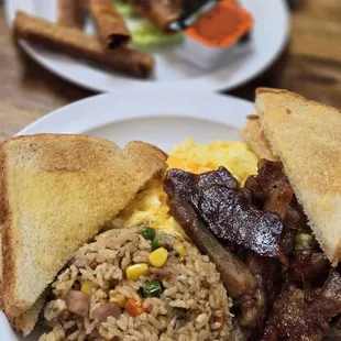 Filipino Breakfast w/ tocino side of lumpia