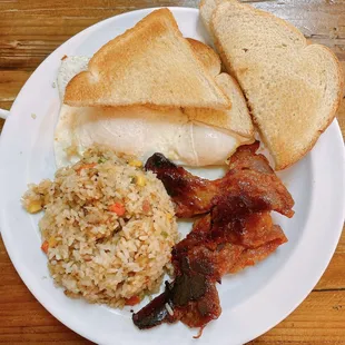 Filipino Breakfast - Fried rice, 2 eggs (over easy), choice of Sweet Sausage or Tocino (I chose Tocino pictured here), toast