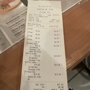 What our small group ordered and total price.