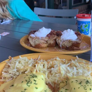 Eggs Benedict and maple bacon French toast