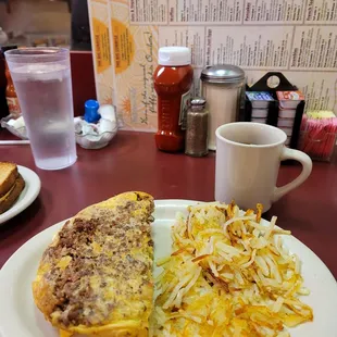 ground beef, onion, american cheese, mushroom and green pepper omelet.