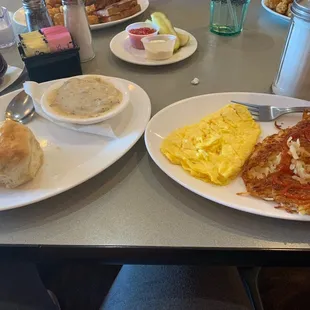 Half order of Biscuits and gravy, scrambled eggs, hashbrowns
