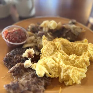 Sausage (pork - I splurged) patty breakfast with eggs (with cheese) and home fries - so delicious
