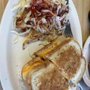 Breakfast sandwich and hash browns