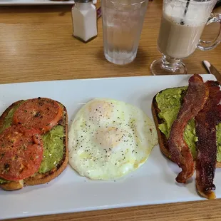 Bacon Avocado Toast ($12.99) with Irish Coffee ($8).