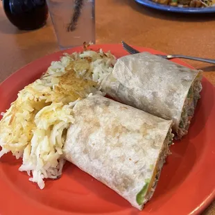 Breakfast burrito and hash browns
