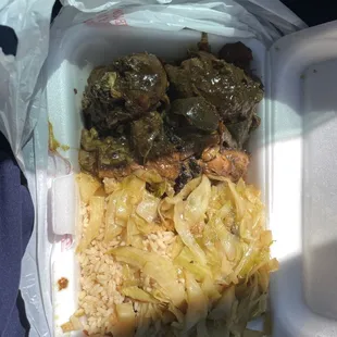 Jerk Chicken with rice and peas, Steamed Cabbage