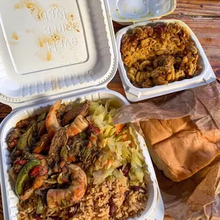 (All Vegan) Jerk Shrimp & Chicken, Rice & Peas, Cabbage, Macaroni Pie and Coco Bread