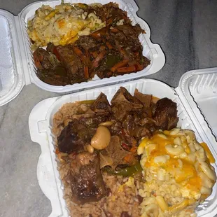 Vegan Jerk Chicken, Rice and Peas, Mac and Cheese  Stewed Oxtail, Rice and Peas, Mac and Cheese