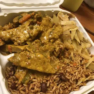 Vegan Curry "Chicken" w/ cabbage, rice and beans